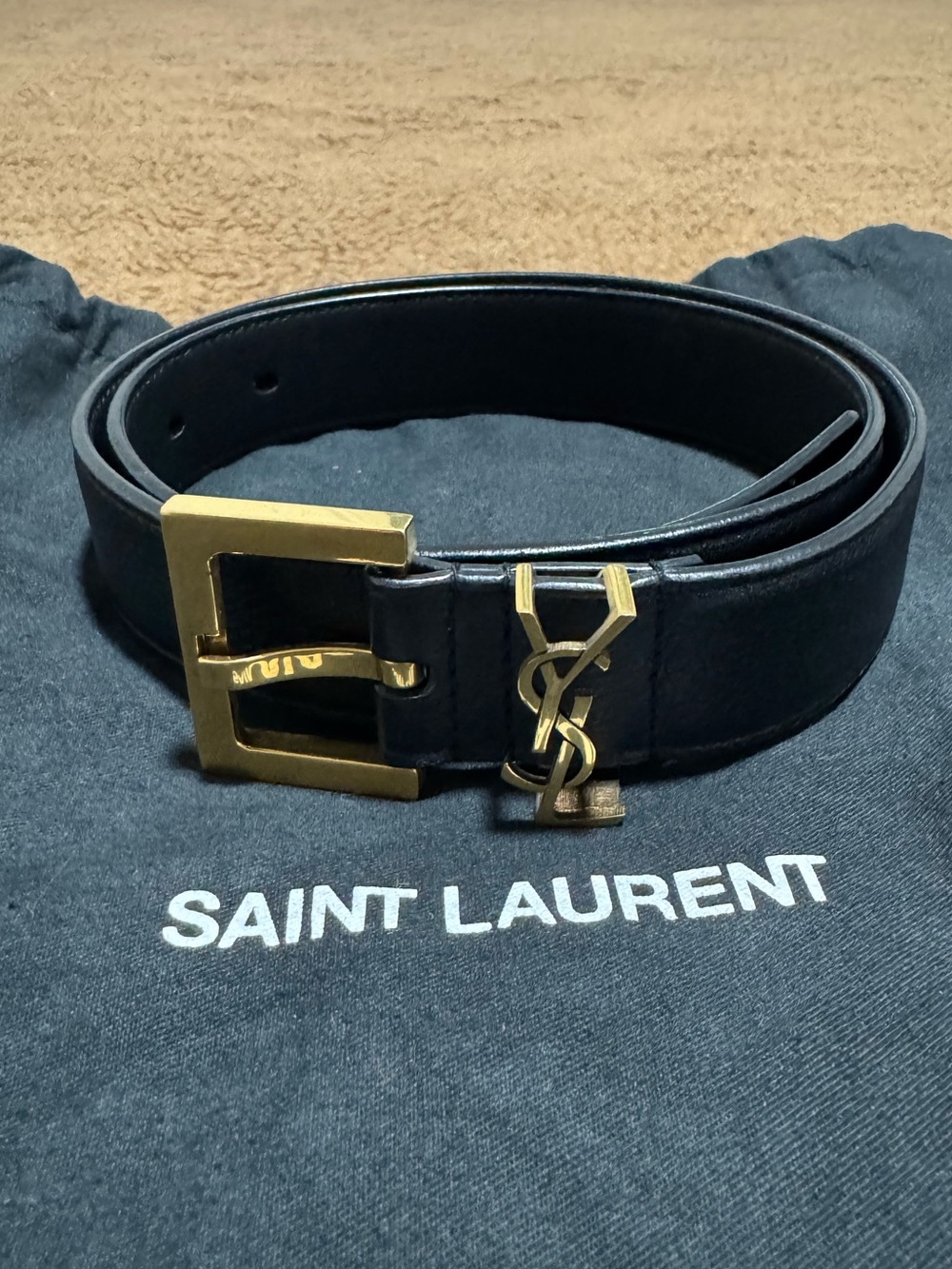 Saint Laurent Black Leather Belt with Gold YSL Hardware